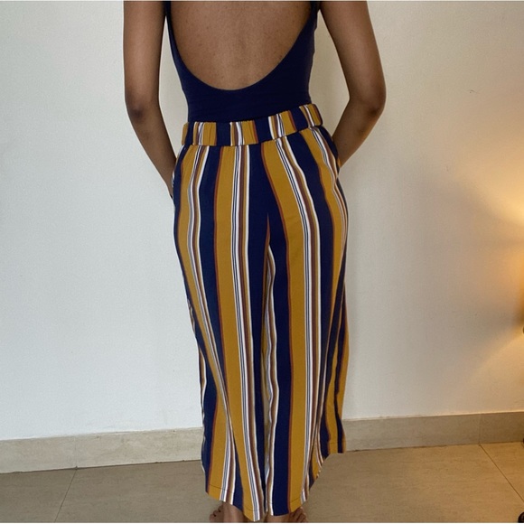 Zara Culotte wide leg trousers, mustard Yellow with navy brown white stripes - Picture 5 of 6